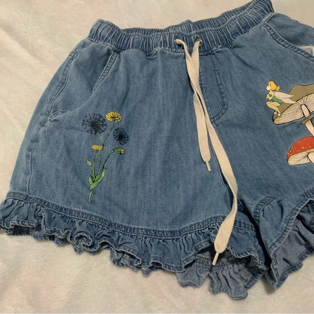 Disney size medium High Waist Blue Denim Shorts Floral Mushroom tinkerbell pull - Picture 6 of 8
